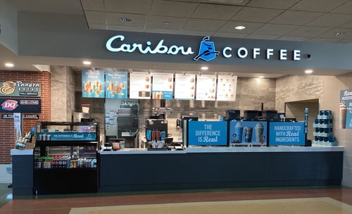 Storefront of the Caribou Coffee at 3600 Glacier Road in New Springfield