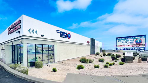 Cash Time South Mountain Phoenix storefront at Baseline and 48th Street near Arizona Mills offering title loan buyouts, registration loans, and personal loans with same day cash and 15 minute approvals