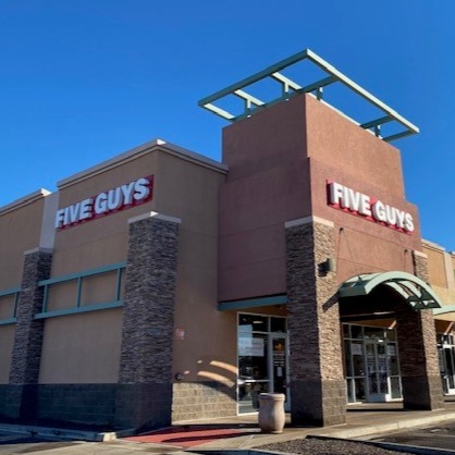 Exterior photograph of the Five Guys restaurant at 1630 E. Camelback Road in Phoenix Arizona.