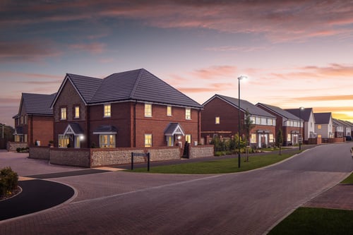 Dusk street scene of 3 bedroom homes at Ryebank Gate