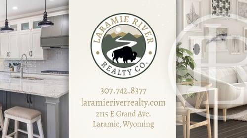 Photo of a modern looking kitchen with Laramie River Realty Co. logo and business information over it