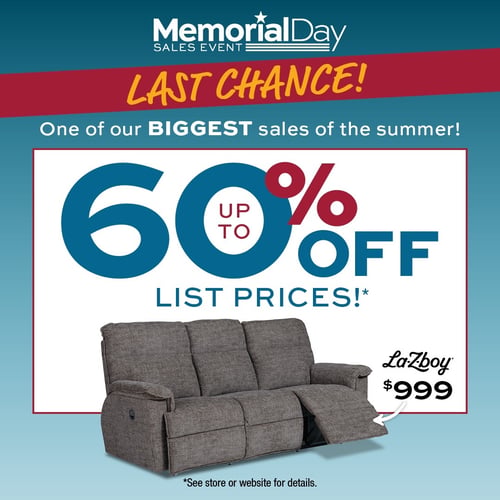 Memorial Day Sales Event Last Chance!  One of our biggest sales of the summer.  Up to 60% off List Prices.
La-Z-Boy reclining sofa  for $999