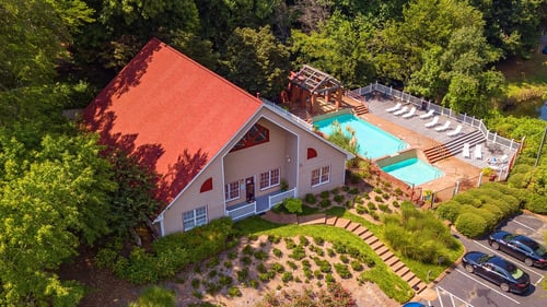 overhead view of office and swimming pool