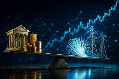 A barbell illustrating a 2026 investment strategy: one side weighted with golden coins and bank columns representing financials, the other glowing with fiber-optic light strands and power grid towers representing AI energy and optics infrastructure, set against a dark teal backdrop with upward-trending market chart lines.