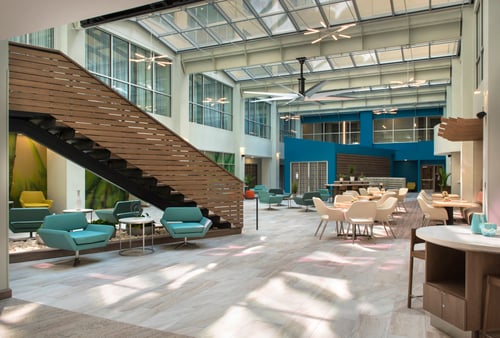 The lobby is a beautiful glass atrium.