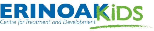 Logo for ErinoakKids Centre for Treatment and Development. "Erinoak" is in blue, "KIDS" is in green with a crayon underline.