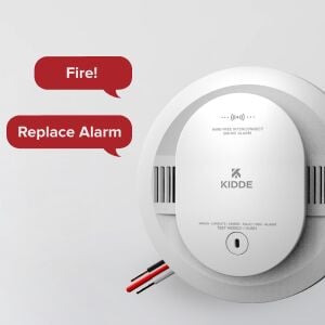 Alarm with voice alerts in speech bubbles, including "Fire!" and "Replace Alarm".