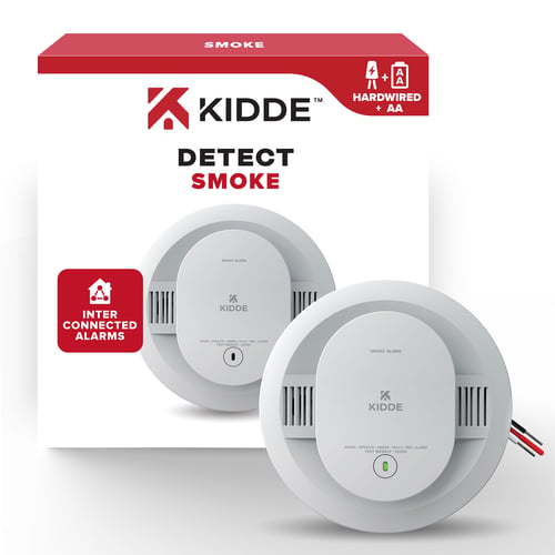 Smoke Alarm, Hardwired + 9v Backup Battery - 20SAR9V in the foreground and the packaging in the background.