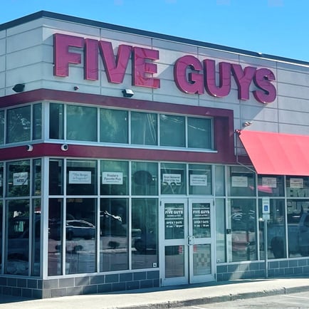Entrance to the Five Guys restaurant at 227 Andover Street in Peabody Mass.