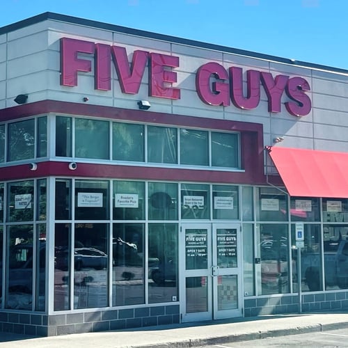 Entrance to the Five Guys restaurant at 227 Andover Street in Peabody Mass.