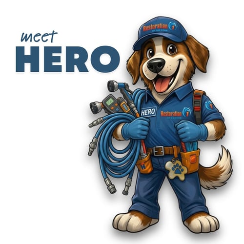 Meet HERO, Restoration 1 of NW Cobb’s friendly dog mascot, dressed in a blue service uniform and holding professional carpet-cleaning equipment.