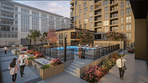 Rendering of rooftop swimming pool and garden scape.