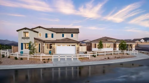 Street view of model homes in Trailview at Cimarron Ridge by Pulte Homes in Menifee, CA.