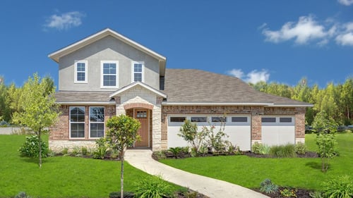 two-story new home with brick and stone exterior and three-car garage