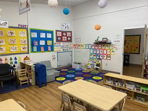 Engaging Pre-K learning space with books, creative stations, and play areas designed to prepare kids for kindergarten.