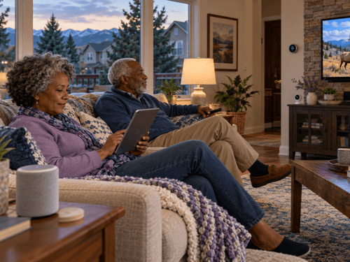 Older couple relaxing on a sofa, using a tablet and watching a wildlife program, with a smart speaker, thermostat, and security camera nearby.