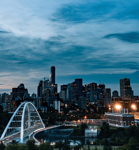 Aerial view of Edmonton, Alberta at dusk.