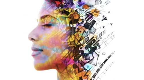 Woman with overlaid illustrations of the brain.