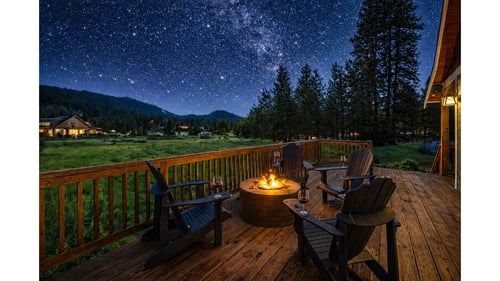 A starry night from a cabin deck in Leavenworth, WA, with a fire pit
