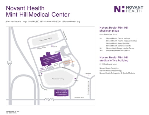 Campus map for Novant Health Mint HIll Medical Center
