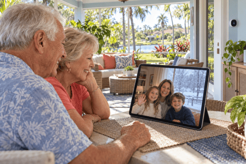 Older couple video calling family from a sunny Orlando sunroom, with snow-covered trees visible behind their family on the tablet screen.