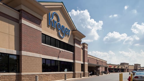 Front entrance of Kroger on a sunny day at Surrey Square shopping center