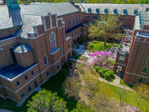 Aerial view of the historic campus at Saint Therese at IHM Senior Living, Monroe, Michigan.