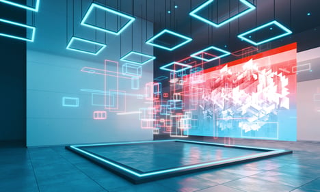 wide view of a room with 360 degree digitally projected images of maps and shapes