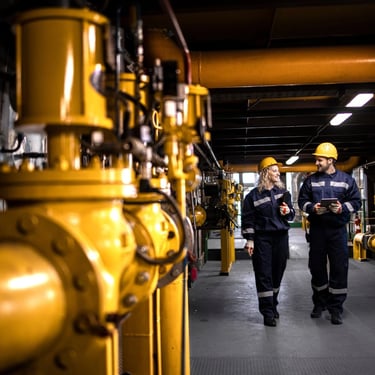 two co-workers walking through an oil refinery