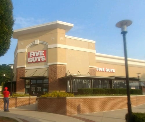 A store front photo of the Five Guys at 412 Pinnacle Pkwy N. in Bristol, TN.