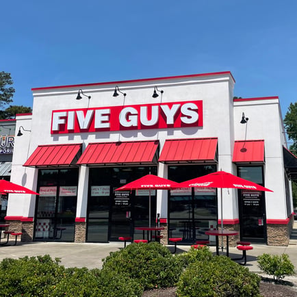 Front entrance to the Five Guys at 408 Western Boulevard in Jacksonville North Carolina.