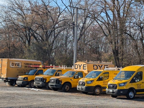 Dye Plumbing and Heating branded service trucks Google Guaranteed plumber and HVAC company dispatching across LaPorte County Michigan City and Valparaiso Indiana daily