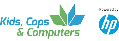 Logo for "Kids, Cops & Computers" featuring blue and green text next to a stylized leaf emblem. "Powered by HP" logo is on the right.