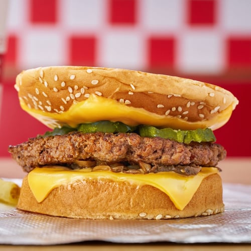 Five Guys patty melt with one beef patty, melted cheese, and grilled onions on a toasted sesame bun.