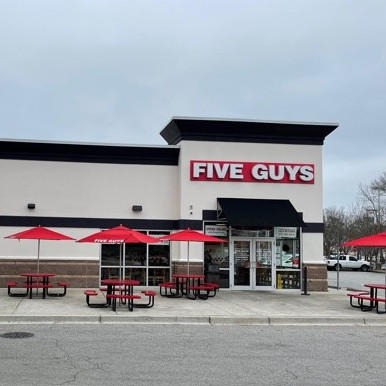Store front of Five Guys at 7250 Rivers Ave in North Charleston SC.