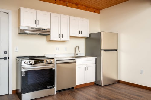 Kitchen with stove at Atomic Orchard Experiment, Portland, OR