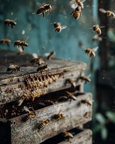Bienen fliegen um Bienenstock als Quelle für bienenbasierte Wirkstoffe