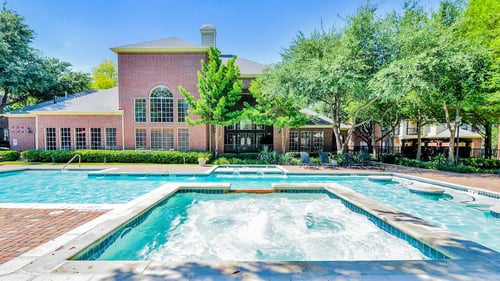 Resort-style pool and jacuzzi view at Gates de Provence Apartments, Texas, 75287