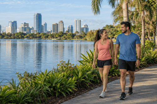 Couple walking along Lake Ivanhoe beneath palm trees, with the downtown Orlando skyline reflected in the water.