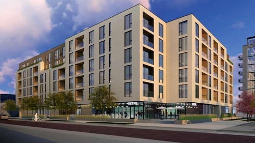 A modern apartment building with a retail store on the ground floor at Viridium Apartments, Minneapolis, MN, 55401