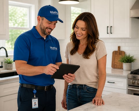 plumber and woman in kitchen talking