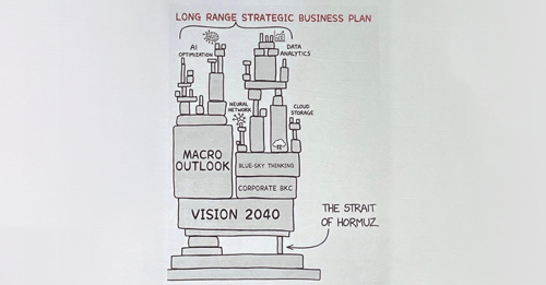 A black and white illustration off a machine, depicting the process of The Dire Straits of Hormuz.