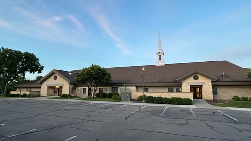 West side view of chapel.