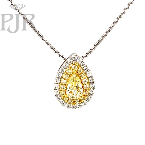 Roman & Jules 18K White Gold Diamond Slide Pendant Exquisite Roman & Jules pendant in 18K white gold with a pear shape yellow and white diamond halo. The pendant features a total diamond weight of 0.54 ct for yellow diamonds, 0.28 cttw for white diamonds, and 0.18 cttw for yellow diamonds.