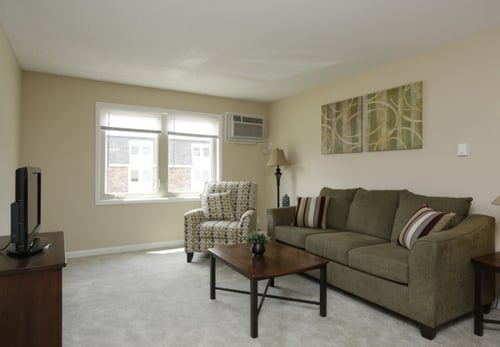 Bright living room with sofa and large window at Parkside Apartments in Urbana, IL.