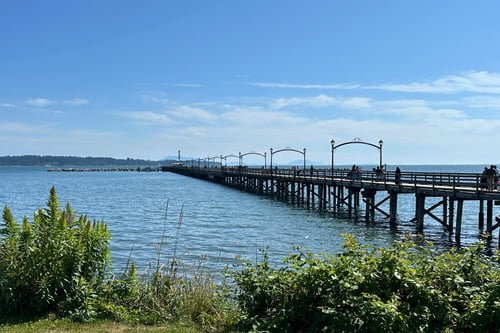A picture of the iconic Pier at White Rock Beach. A scenic waterfront scene featuring a long wooden pier extending into calm blue water.