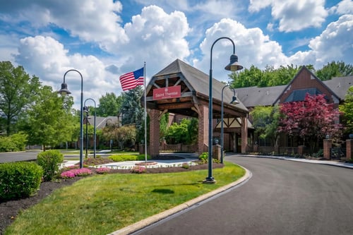 Timber porte-cochere entrance at Saint Therese of Westlake assisted living, Westlake, Ohio.