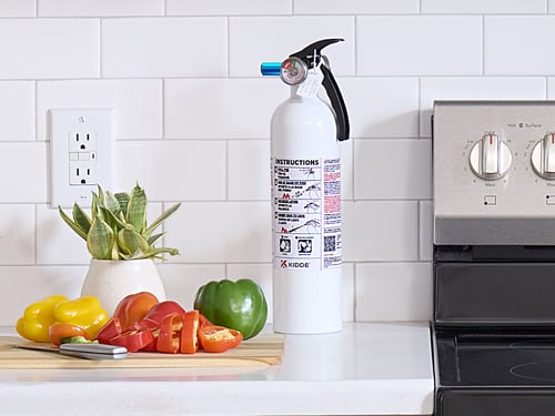 A kitchen fire extinguisher sitting on the counter
