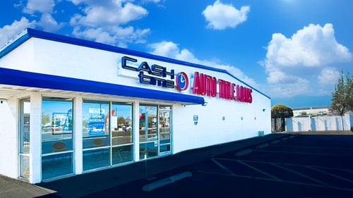 Cash Time Mesa Broadway Rd storefront near Mesa Community College offering title loan buyouts, registration loans, and personal loans with same day cash and 15 minute approvals