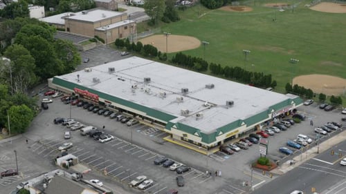 Bird's eye view of 69 Street Plaza shopping center